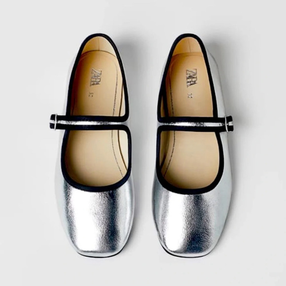 ZARA Silver and Black Trim Mary Janes - Picture 1 of 8